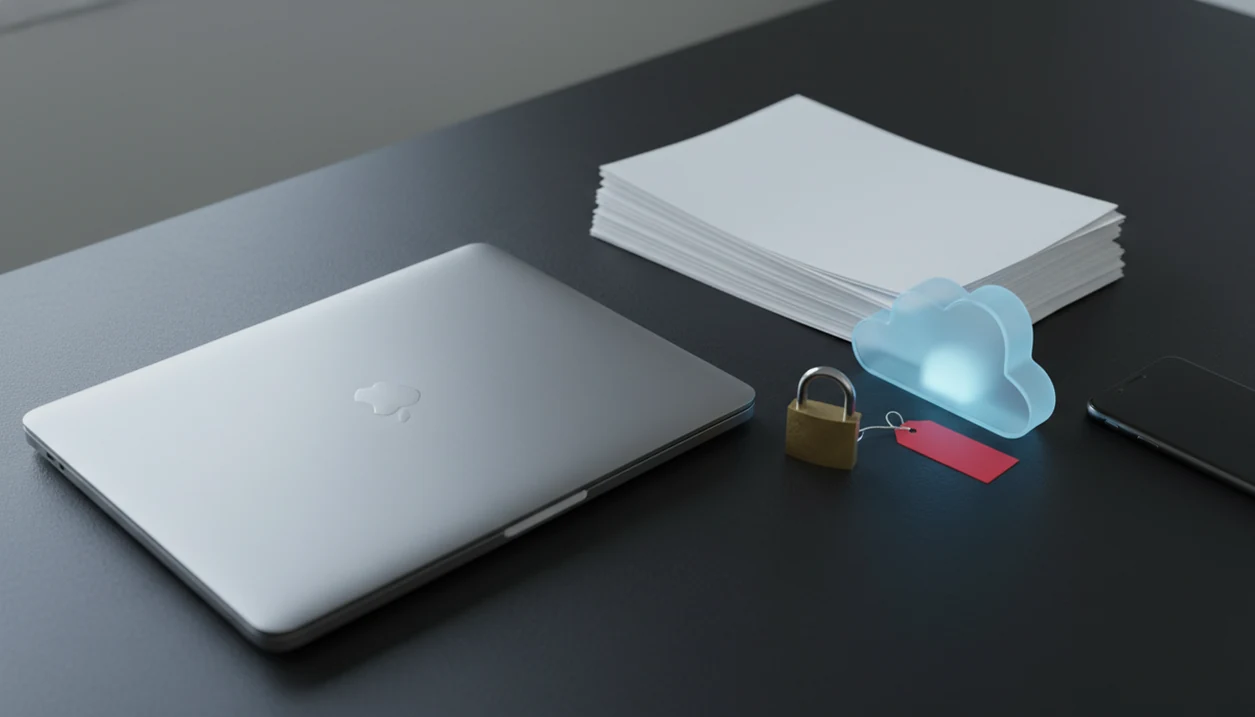 A laptop, blank documents, a padlock, and a frosted cloud box symbolize risks in online file conversion.