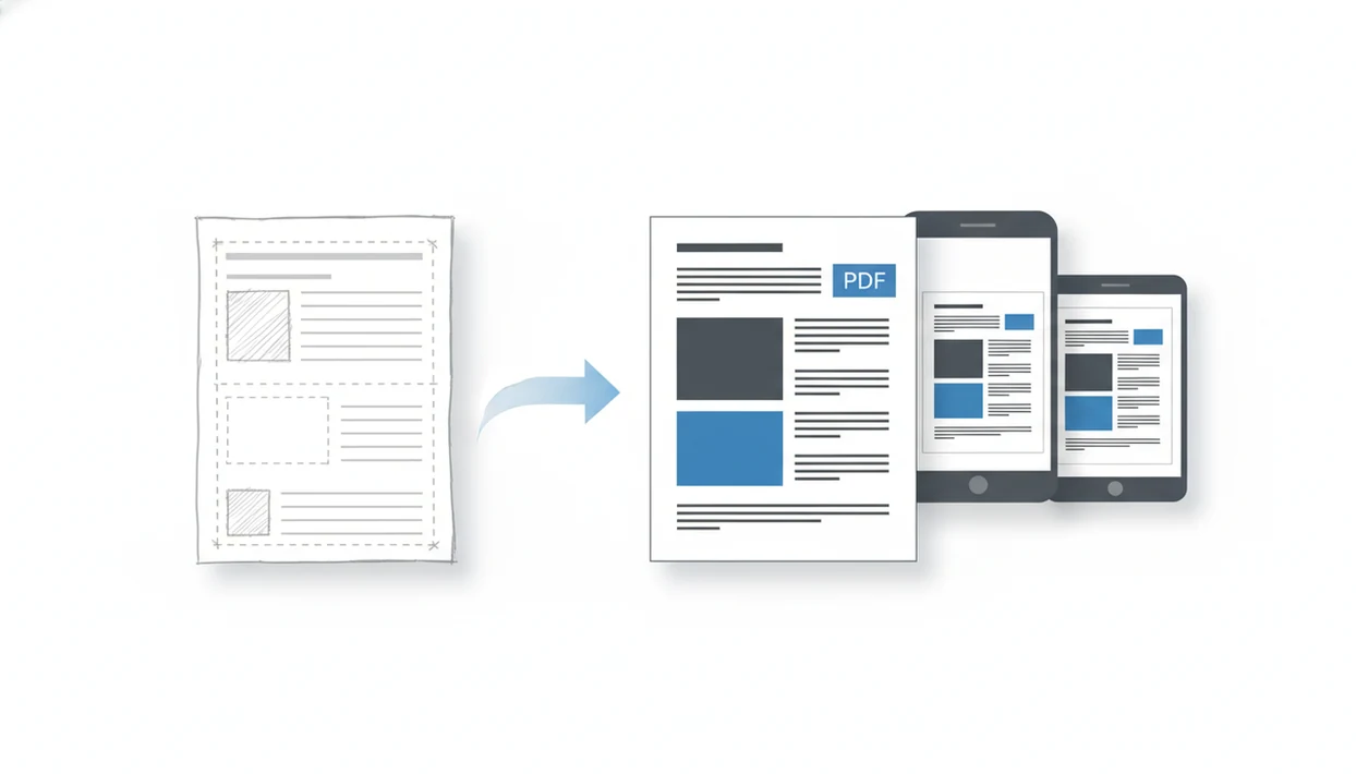 A document layout becomes a stable PDF shown consistently across a phone and tablet.