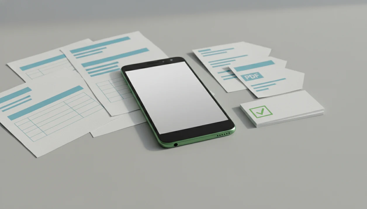 An Android phone beside Word-style pages turning into organized PDF documents on a clean desk.
