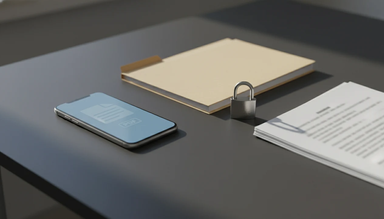 A smartphone, locked folder, and blurred papers suggest private Word to PDF conversion on a desk.