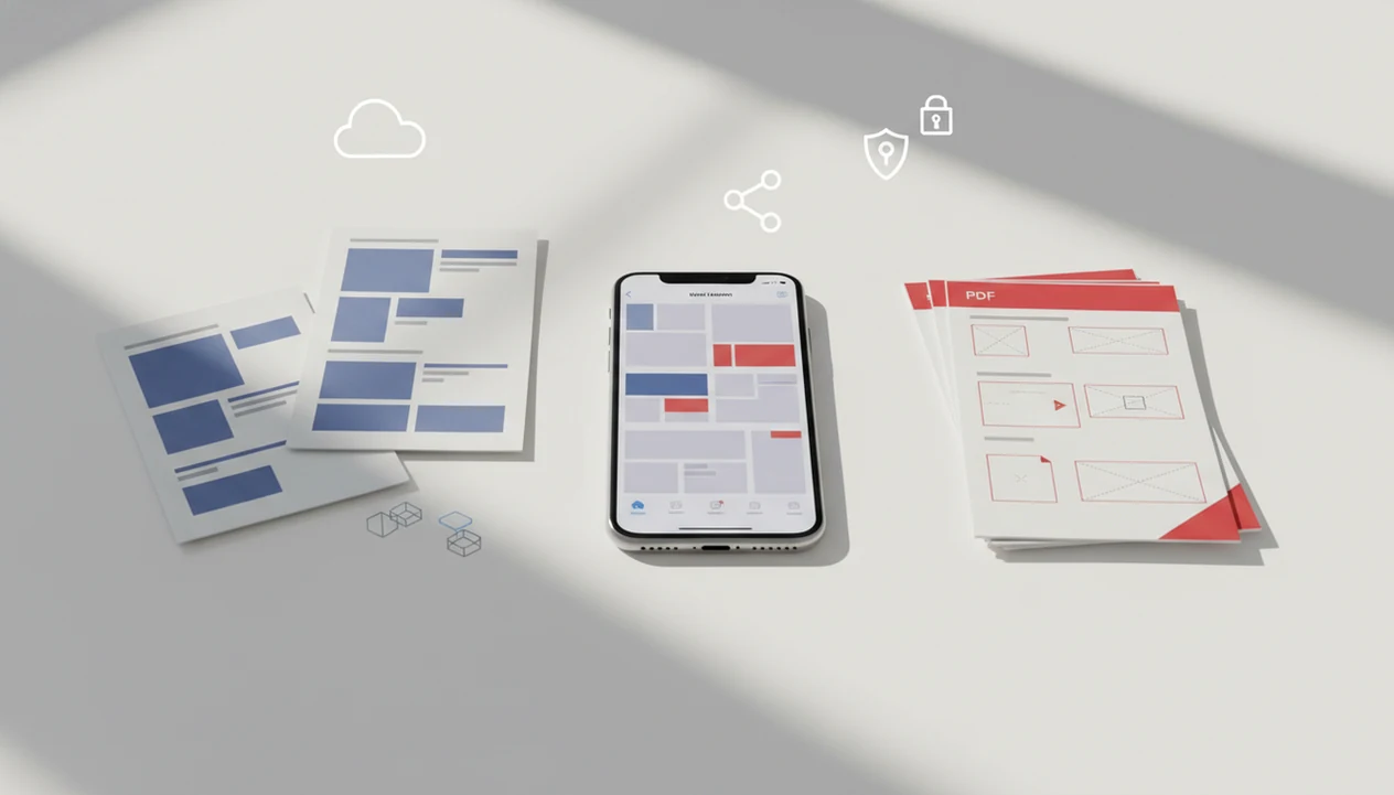 An iPhone sits between editable document pages and a finished PDF stack in a clean conversion workflow scene.