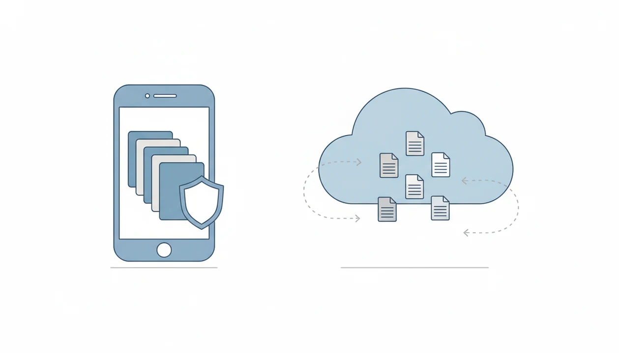 An illustration contrasts documents processed on a phone with files sent to a cloud service.