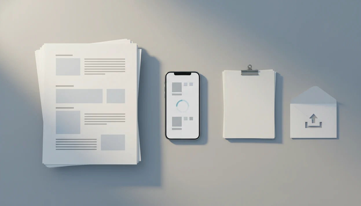 A phone between a large document stack and a smaller PDF stack, showing mobile file compression.