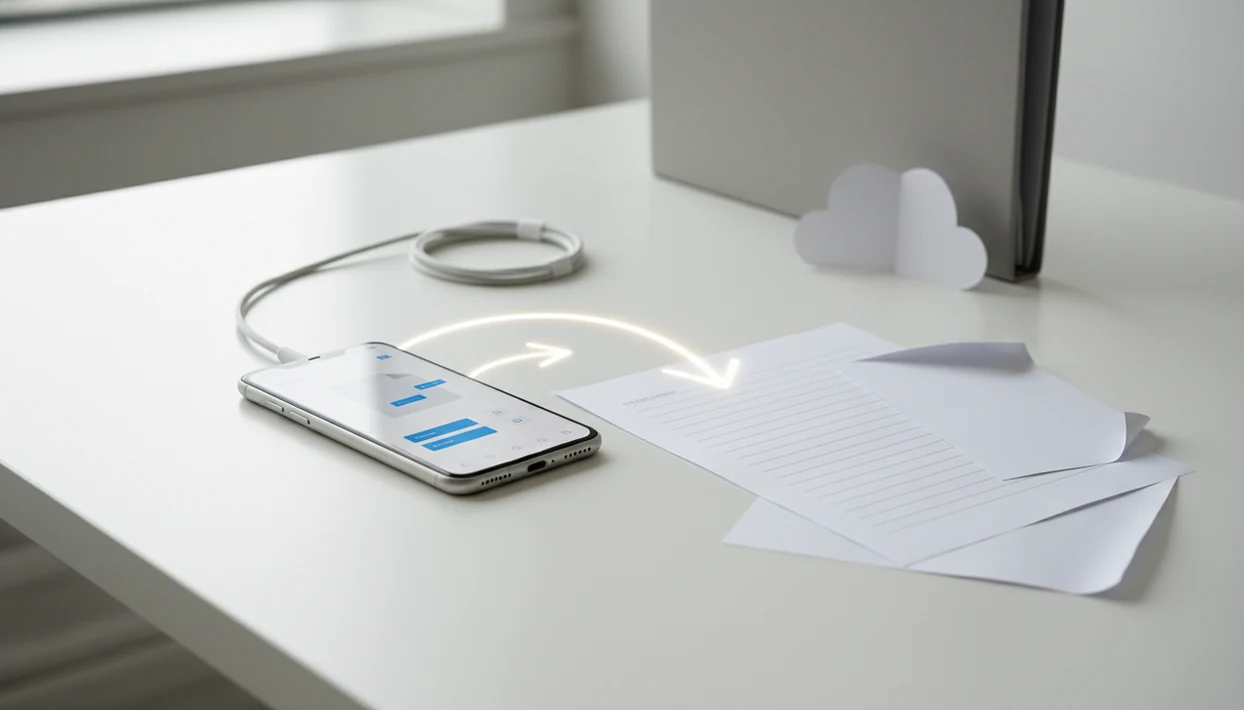 An Android phone and document pages on a desk suggest converting a Word file into a PDF.