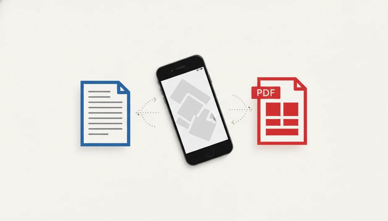 An iPhone sits between a blue document page and a red PDF-style page, suggesting file conversion.