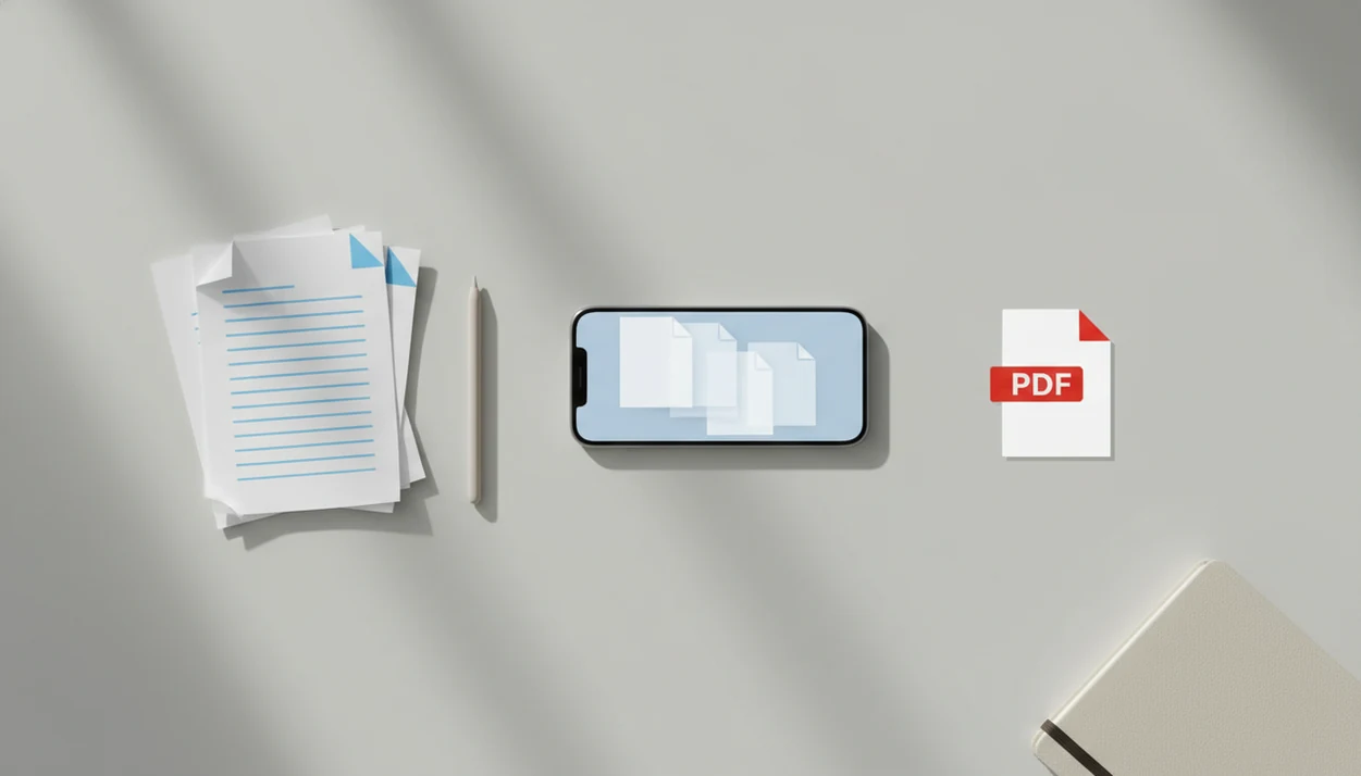 A smartphone between paper documents and a finished PDF-style page on a clean desk.