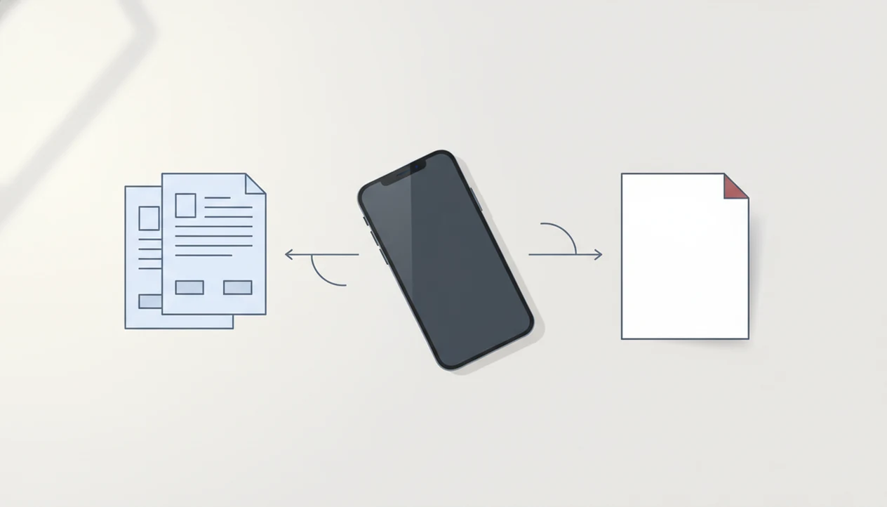 A smartphone sits between editable document pages and a finished PDF-style page in a clean conversion workflow.