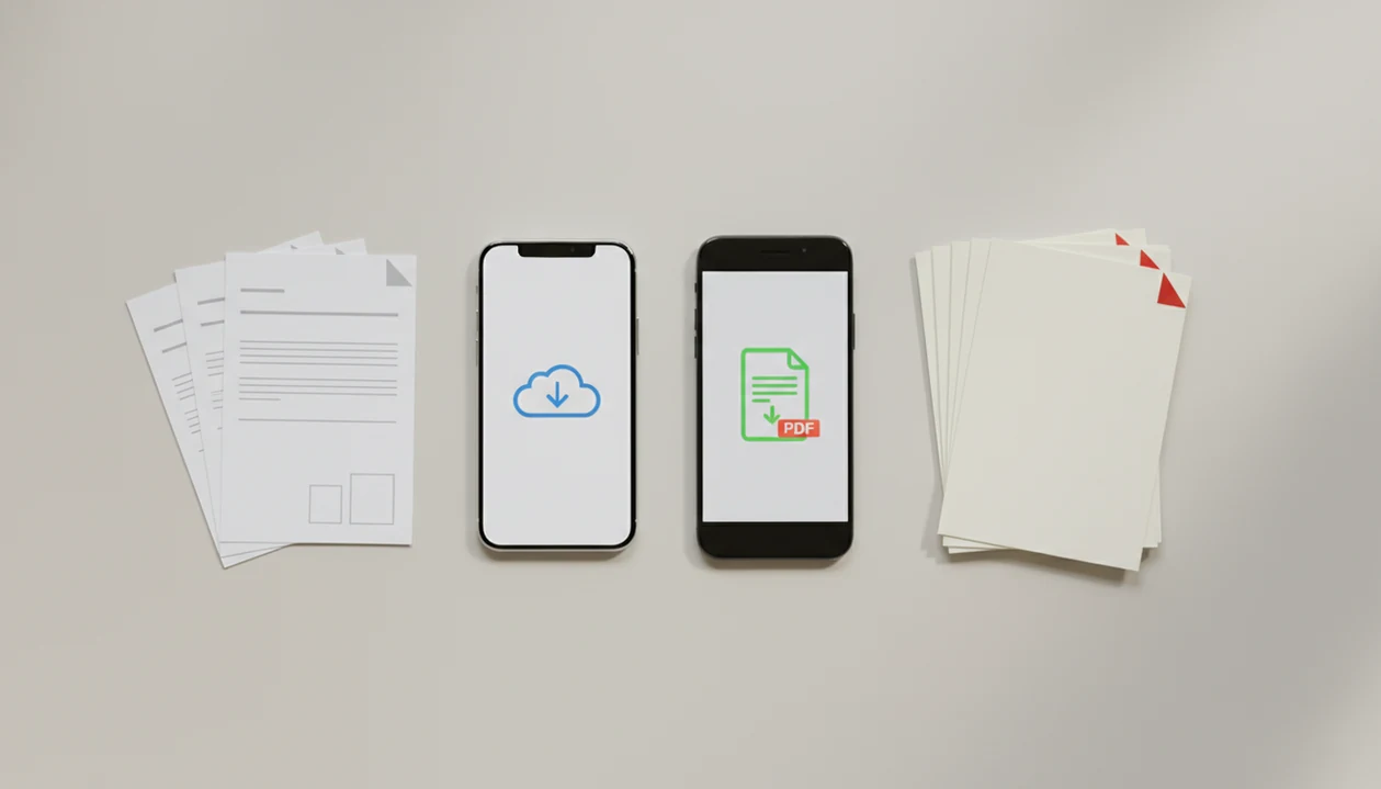 Two phones on a desk with document pages arranged to suggest downloading a Word to PDF converter app.