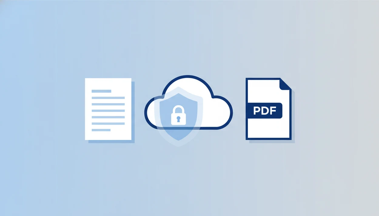 A document passes through a shielded cloud before becoming a secure PDF file.