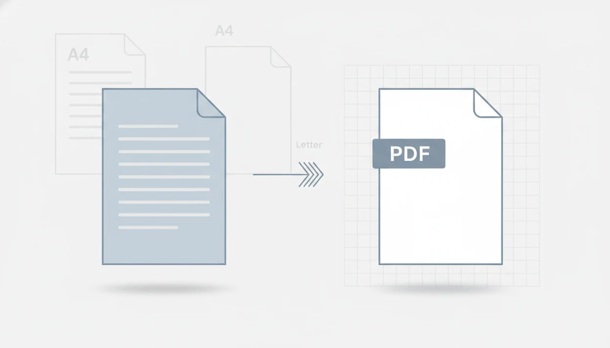 A document page converts into a matching PDF page on a subtle measuring grid.