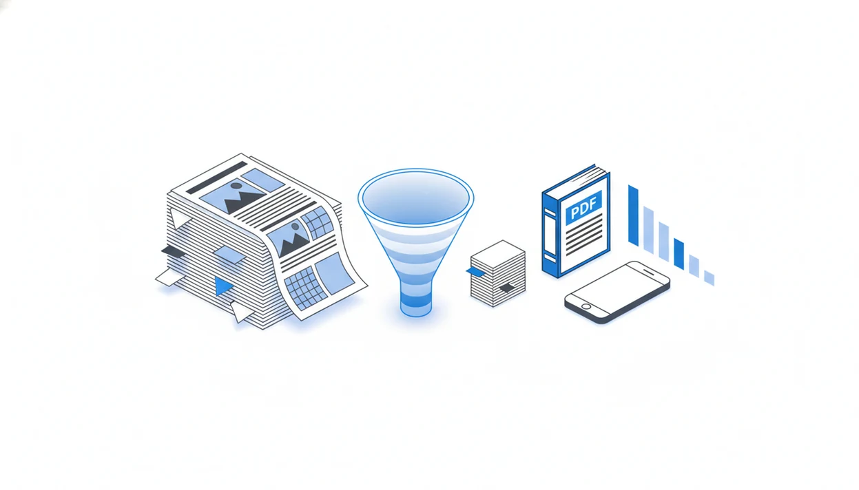 An illustrated document stack is compressed into a smaller PDF file for easier sharing on mobile.
