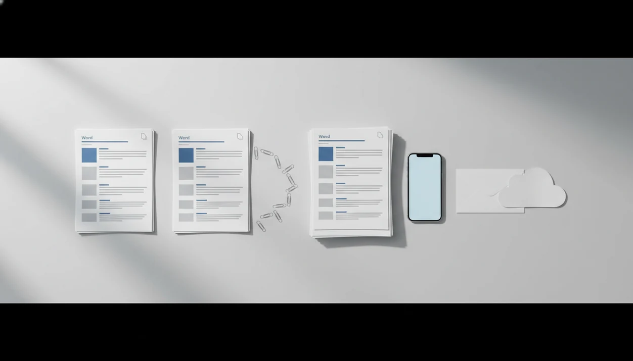 Several Word document stacks are visually combined into one clean file beside a smartphone on a desk.