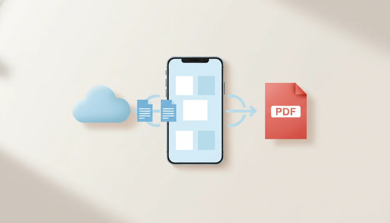 A phone visually converts cloud-stored Word documents into a shareable PDF file.
