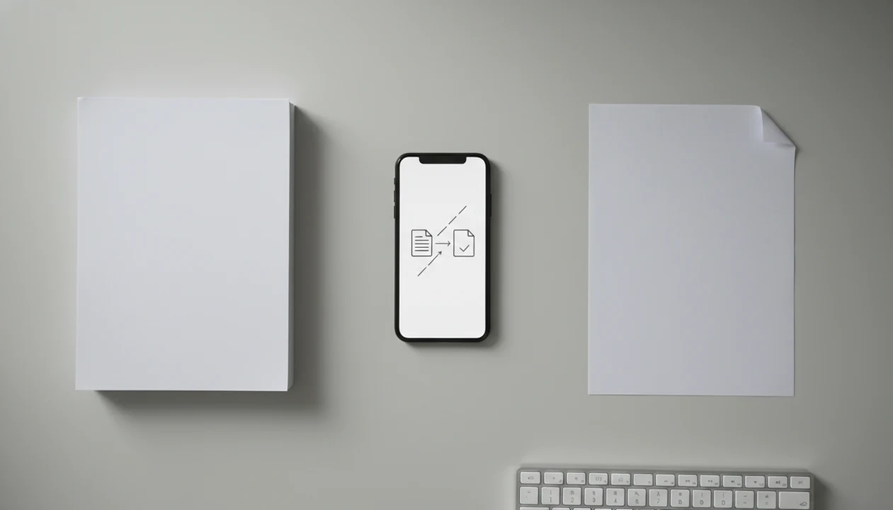 A smartphone on a desk shows a simple document conversion workflow beside printed pages and a keyboard.
