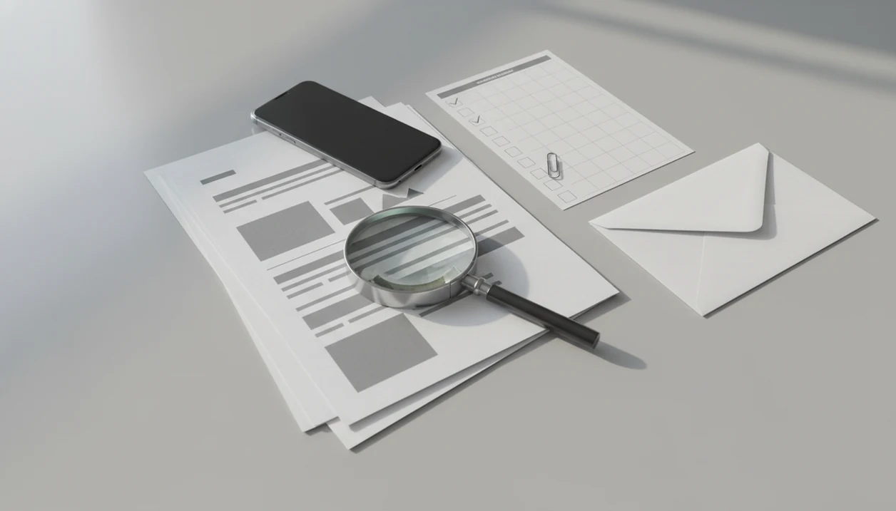 A phone, printed PDF pages, checklist, and magnifying glass arranged for a final document review.