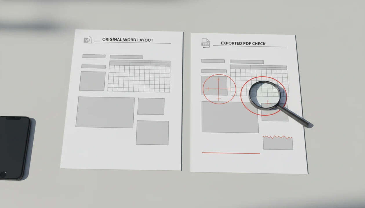 Two document pages are compared on a desk with a magnifying glass marking layout problems before PDF export.