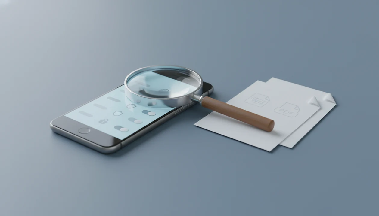 A phone, documents, lock icons, and magnifying glass symbolize checking app data safety before conversion.