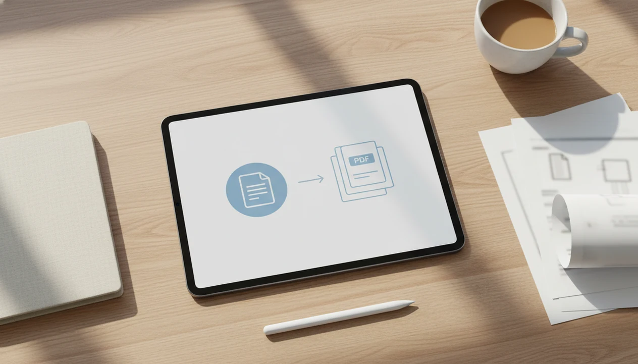 An iPad on a desk shows an abstract Word document converting into a PDF for sharing.
