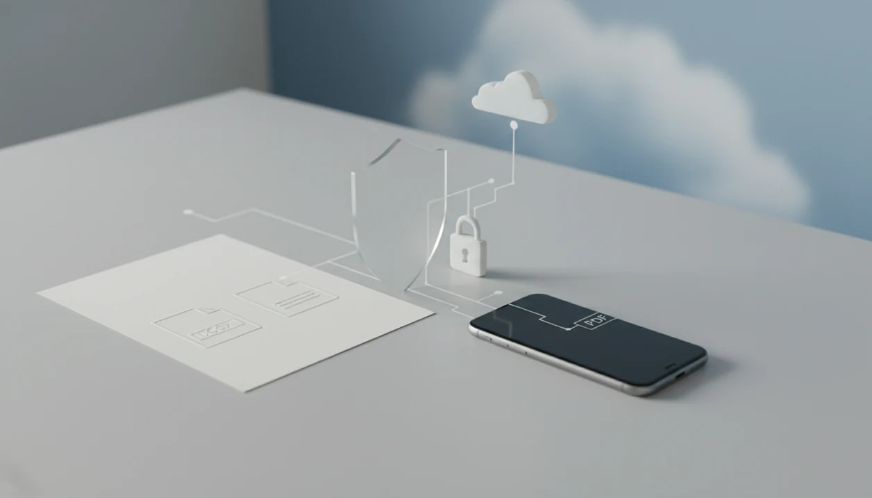 A phone, documents, a privacy shield, and a padlock suggest a GDPR-aware Word to PDF workflow.