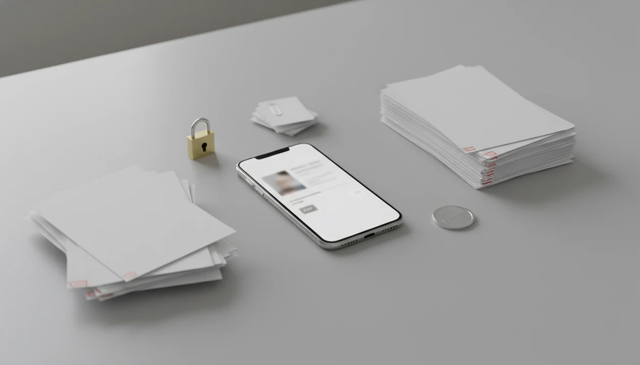 A phone between messy document pages and organized PDF pages, with privacy and batch conversion cues.