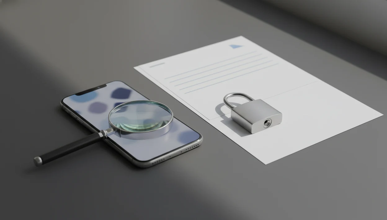 An iPhone, documents, magnifying glass, and padlock suggest checking privacy before converting files.