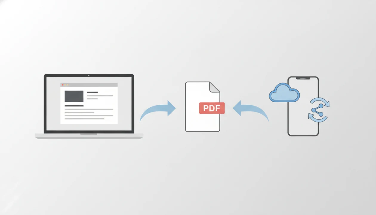 A laptop and smartphone conversion path both lead to a single PDF-style document icon.