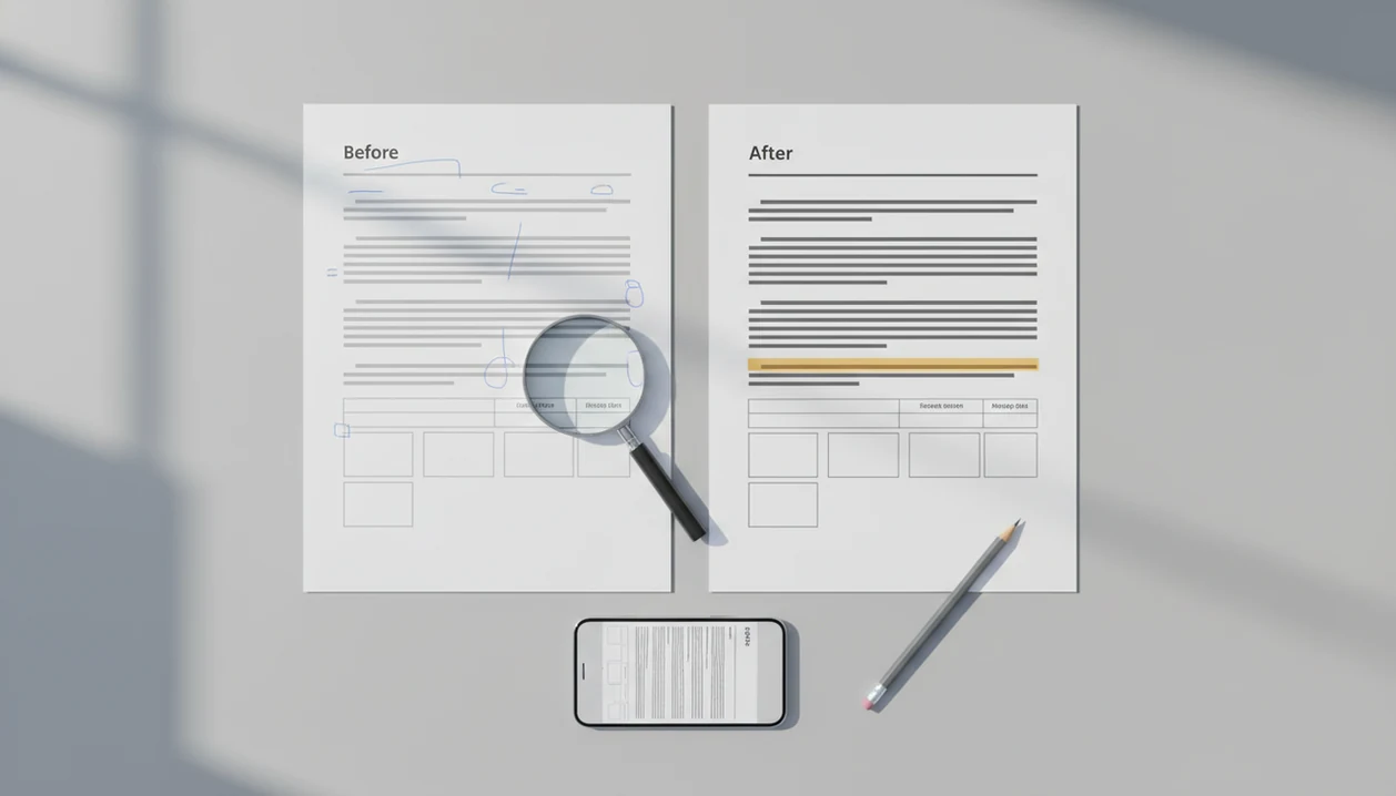 Side-by-side document pages with a magnifying glass showing a Word to PDF quality check.