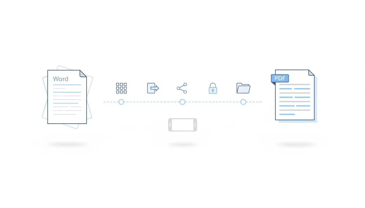 A document moves along a visual timeline from editable draft to stable PDF with sharing and archive icons.