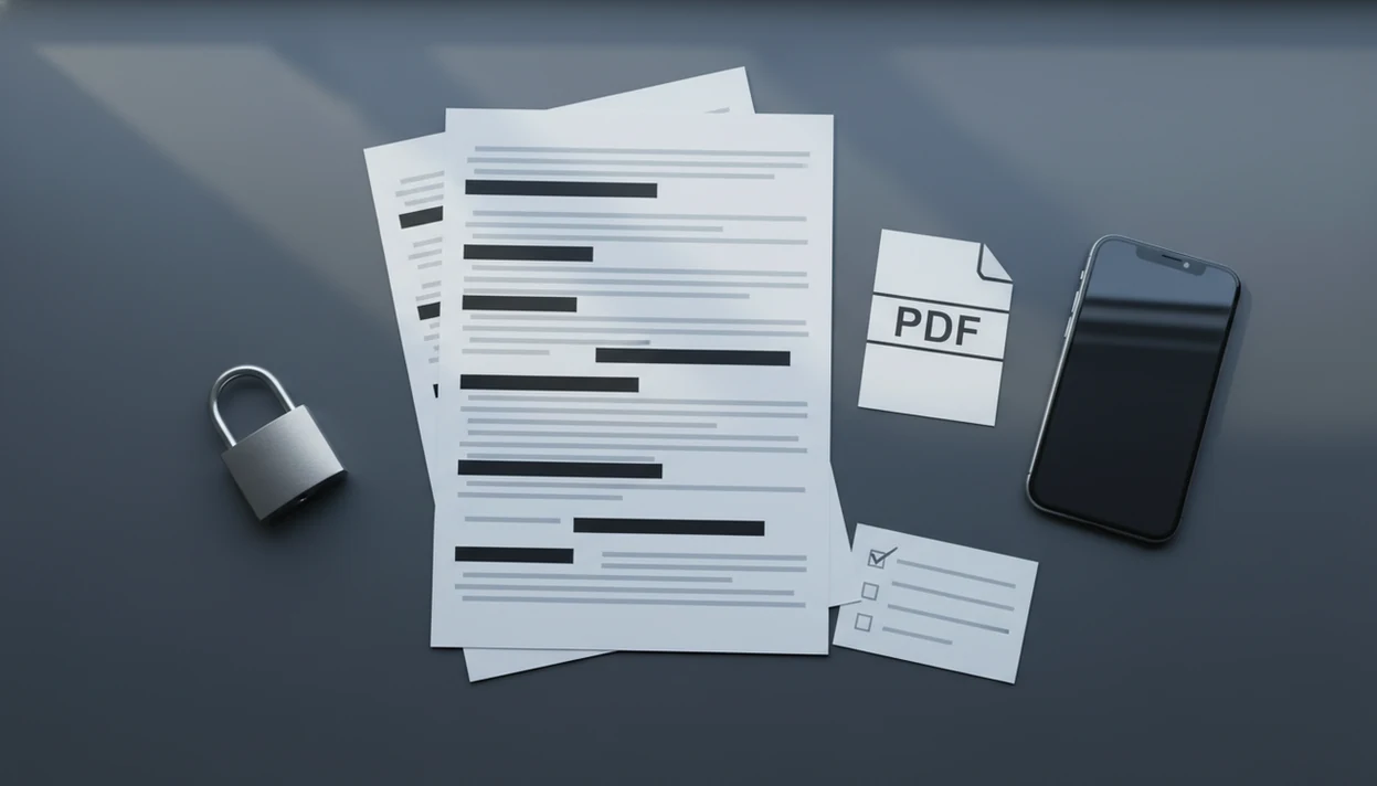 A secure document conversion workspace with redacted pages, a padlock, phone, and privacy checklist.