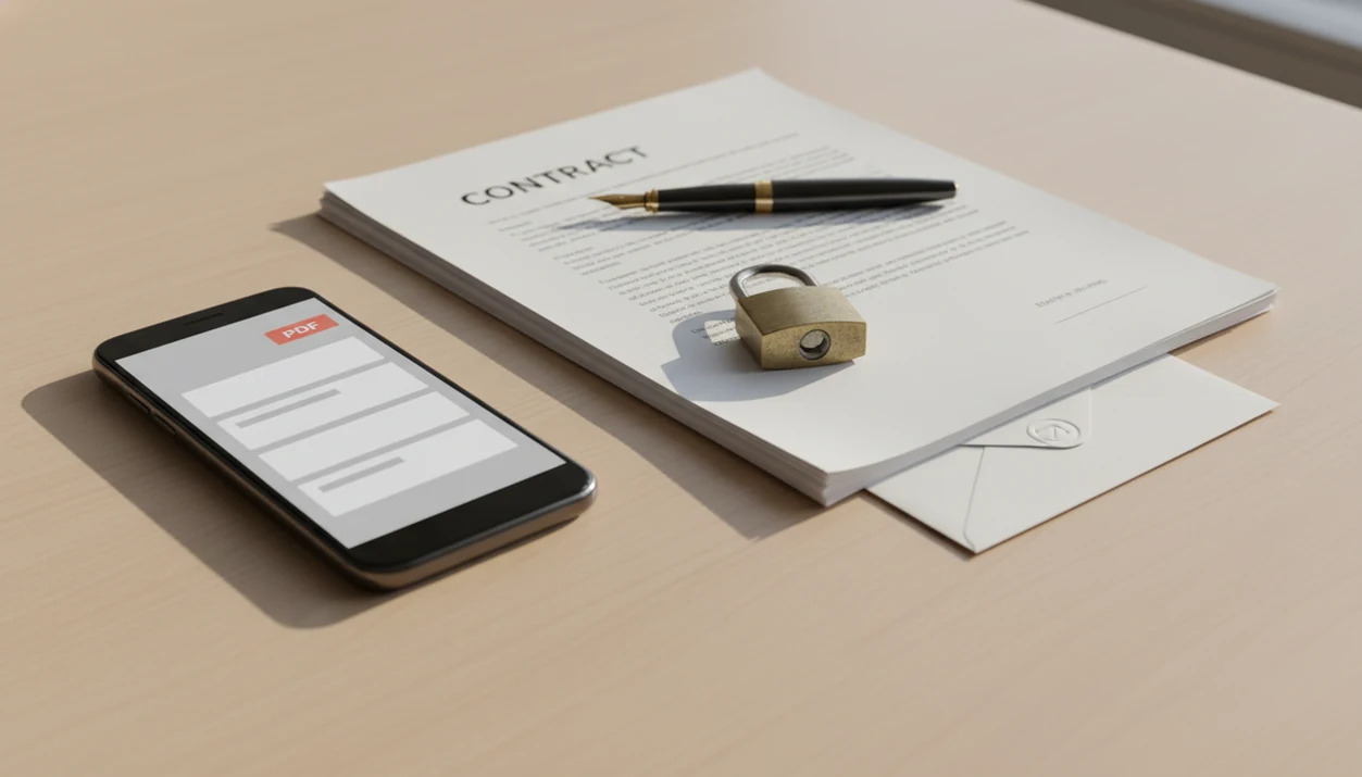 A phone, contract pages, pen, envelope, and padlock show a contract being prepared as a PDF.