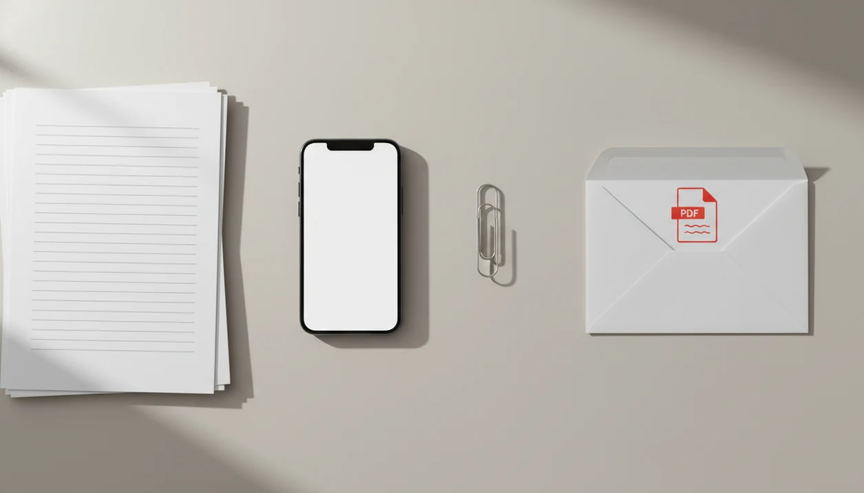 A phone, document pages, and an envelope arranged to show converting a Word file into an email PDF attachment.