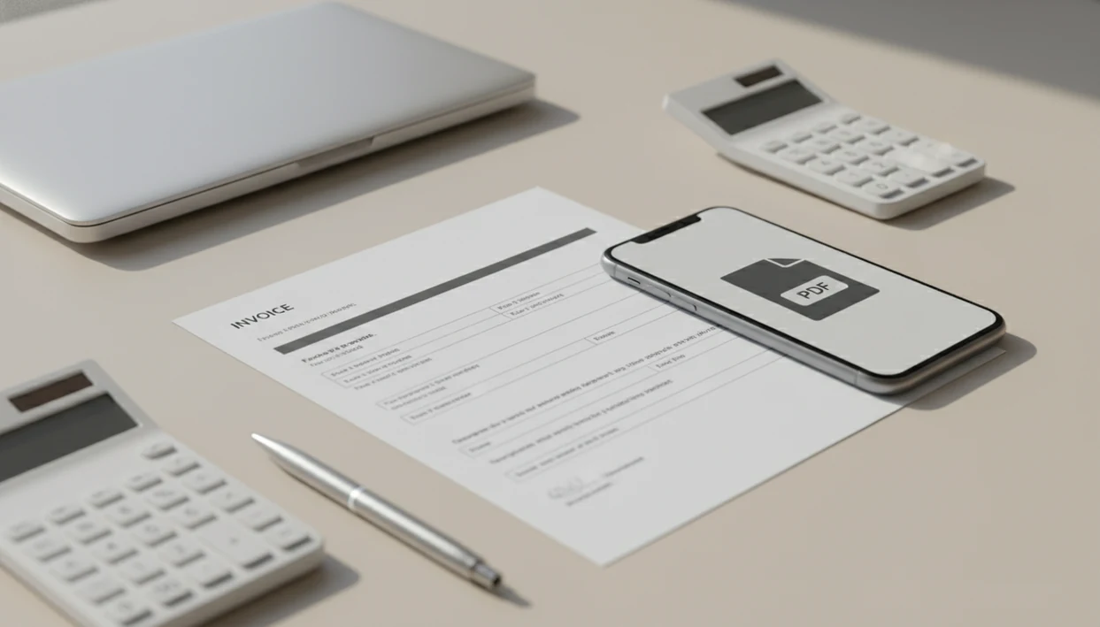 A clean desk shows an invoice document beside a phone previewing a PDF before client delivery.