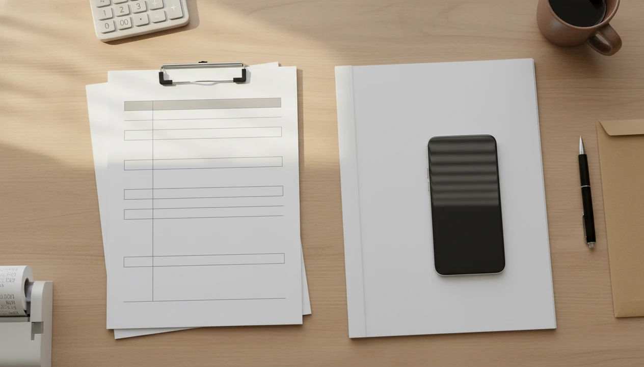A phone and organized business documents on a small business desk ready to be converted and shared.