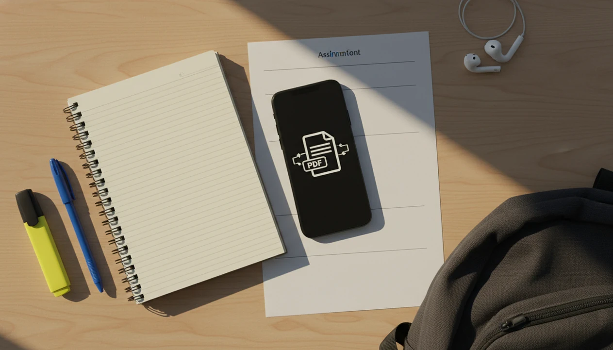 A student desk with a phone, notebook, and assignment pages ready for converting a Word file to PDF.