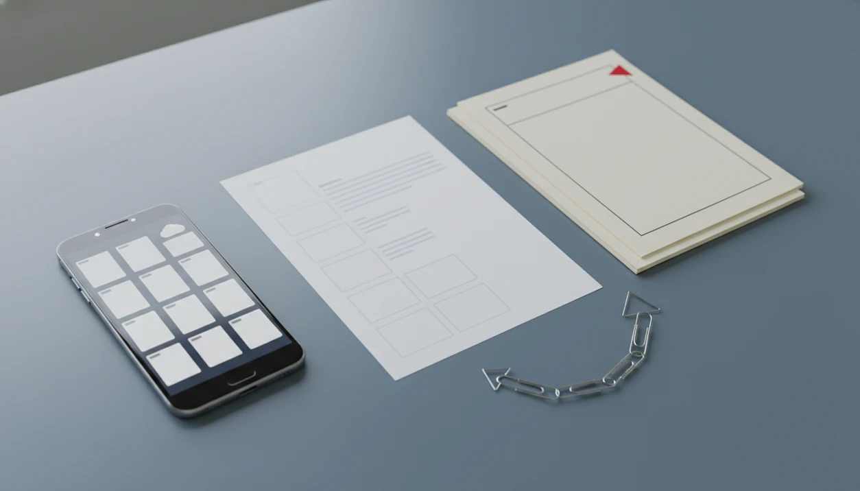 A phone and blank documents show a Dropbox Word file becoming a shareable PDF on mobile.