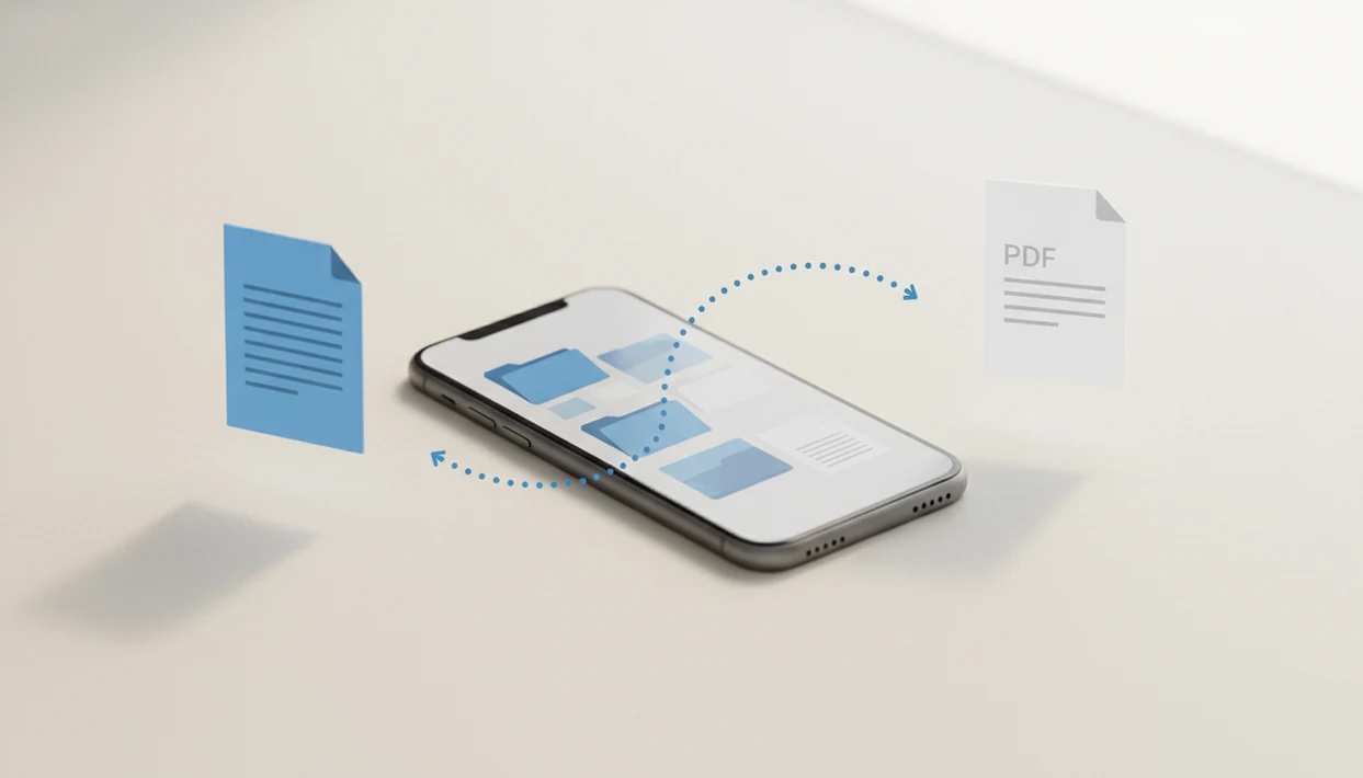 A clean illustration shows a phone turning a Word document icon into a PDF file through the Files workflow.
