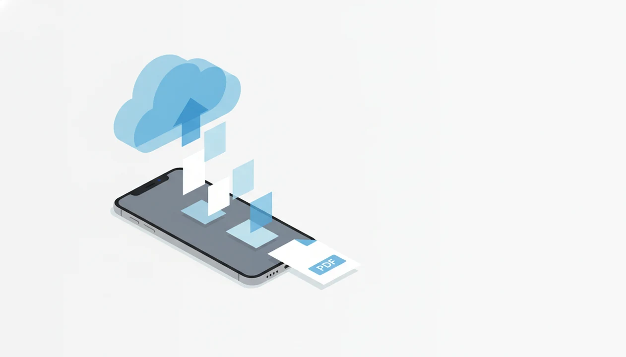 A phone with cloud documents transforming into a fixed PDF file in a clean blue illustration.