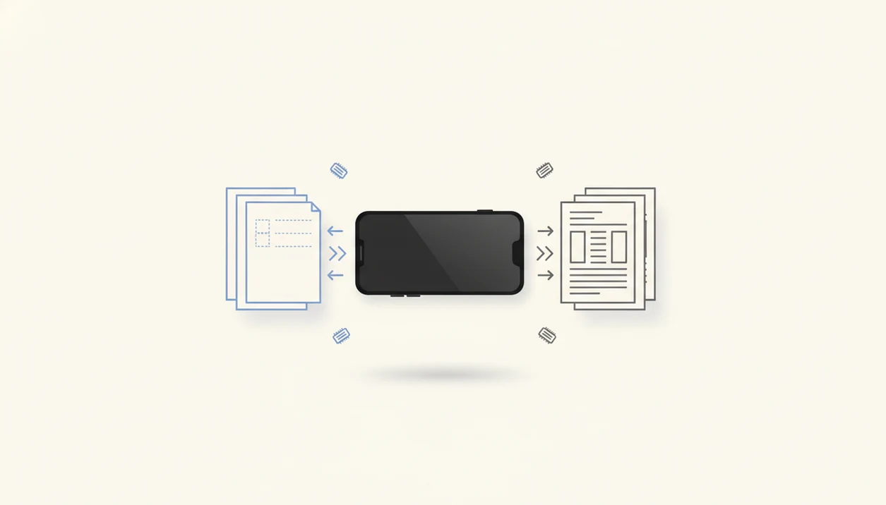 A simple visual shows blank Word-style pages converting into fixed PDF-style pages on a phone.