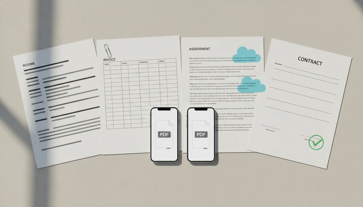 A tidy desk shows phones and document pages representing mobile Word-to-PDF success workflows.